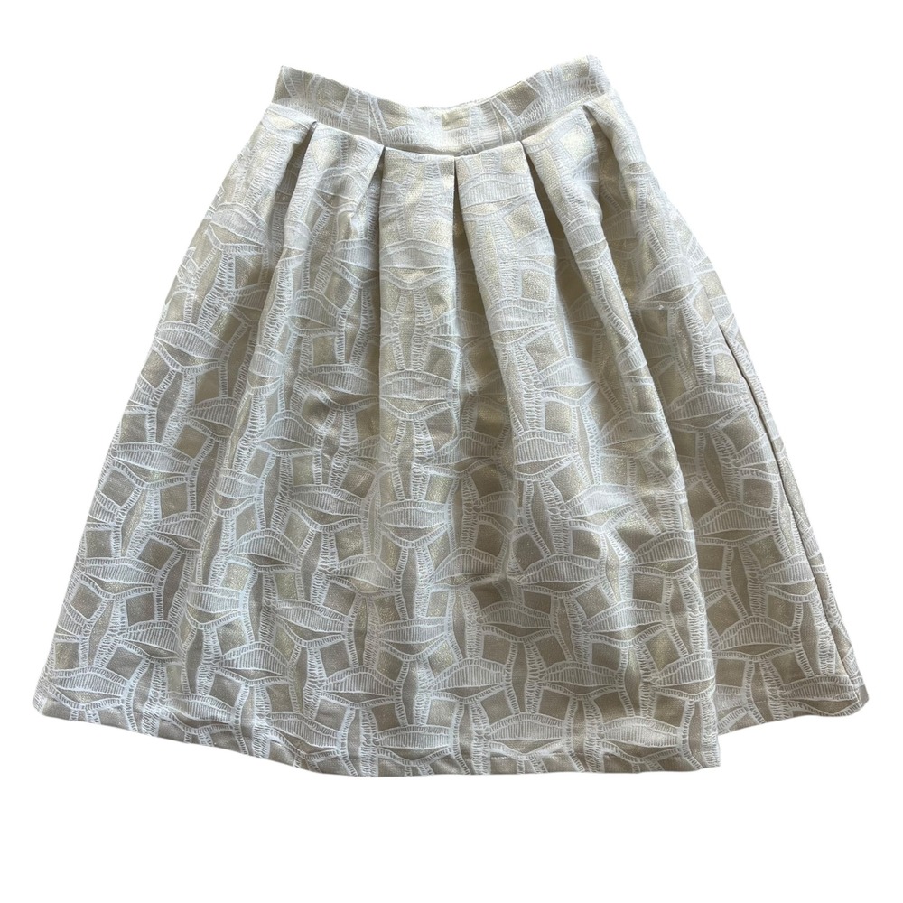 Haute Monde S Metallic Gold White Geometric Pleated Flare Full Midi Skirt Preppy